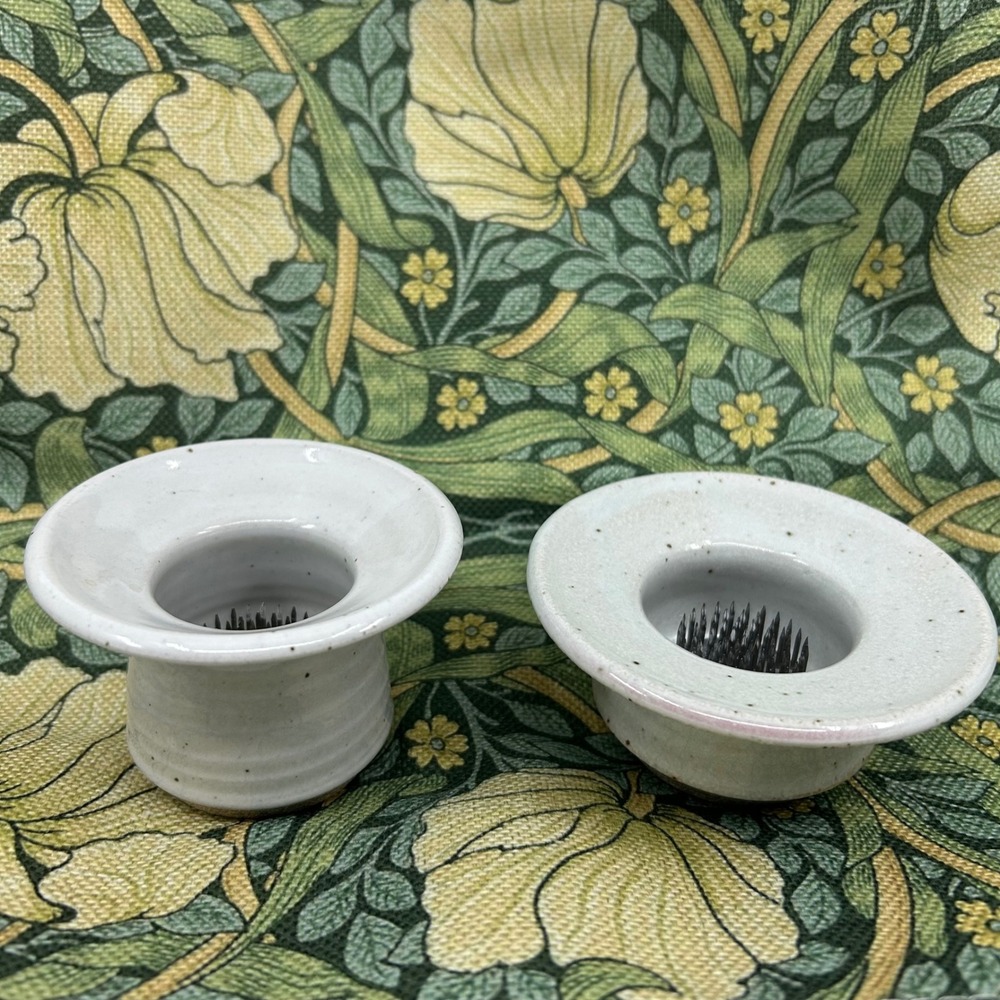 Vintage Handmade Pottery Flower Frogs Set Signed Handthrown Set of 2
